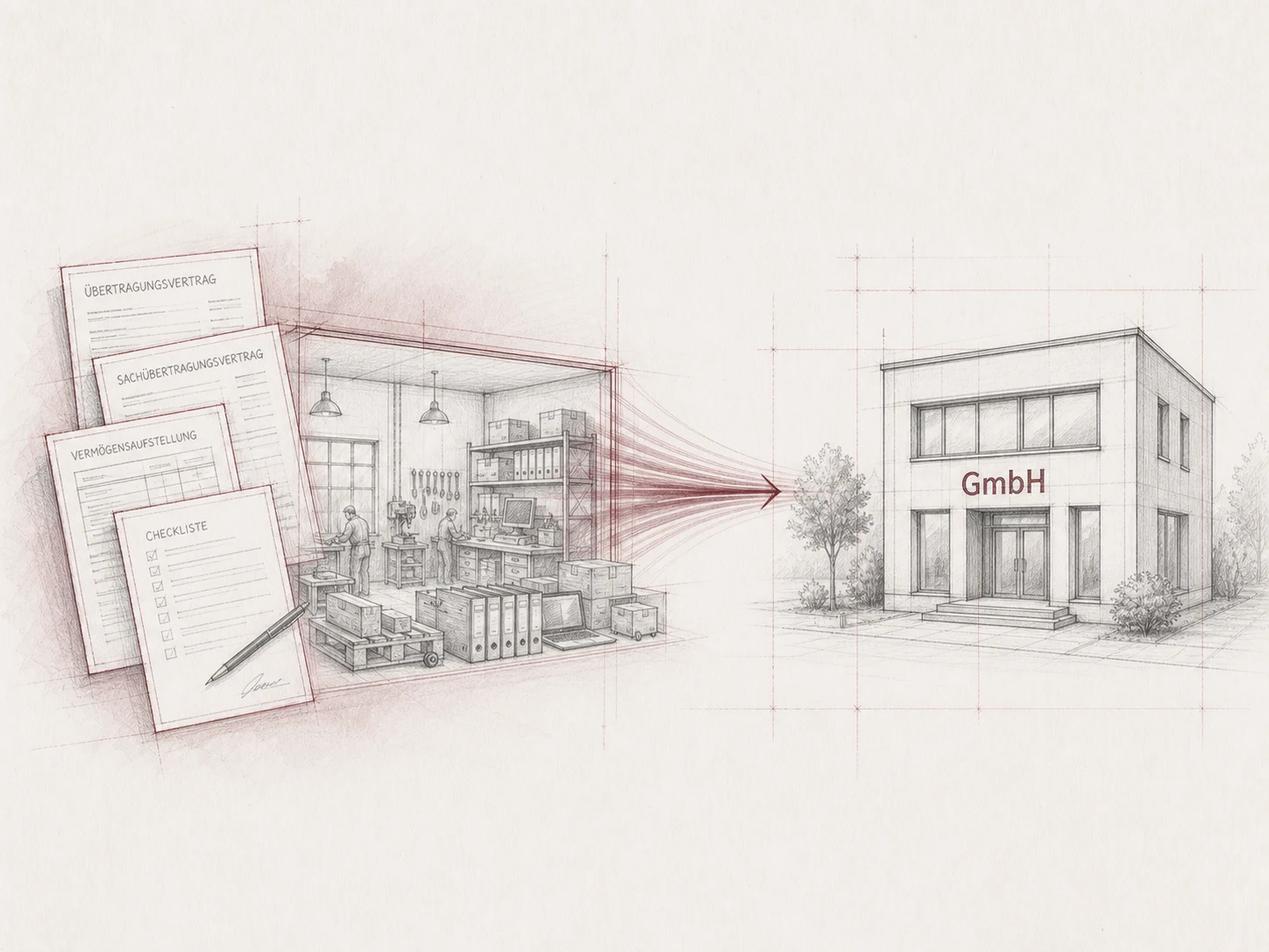 Handgezeichnete Architekturillustration von Unterlagen und einem Betrieb, die als Einheit in eine GmbH eingebracht werden