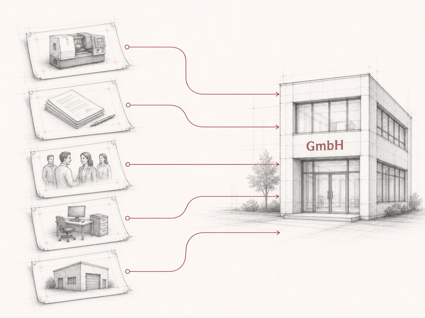 Handgezeichnete Architekturillustration der einzelnen Übertragung von Verträgen, Wirtschaftsgütern und Rechtsverhältnissen in eine GmbH