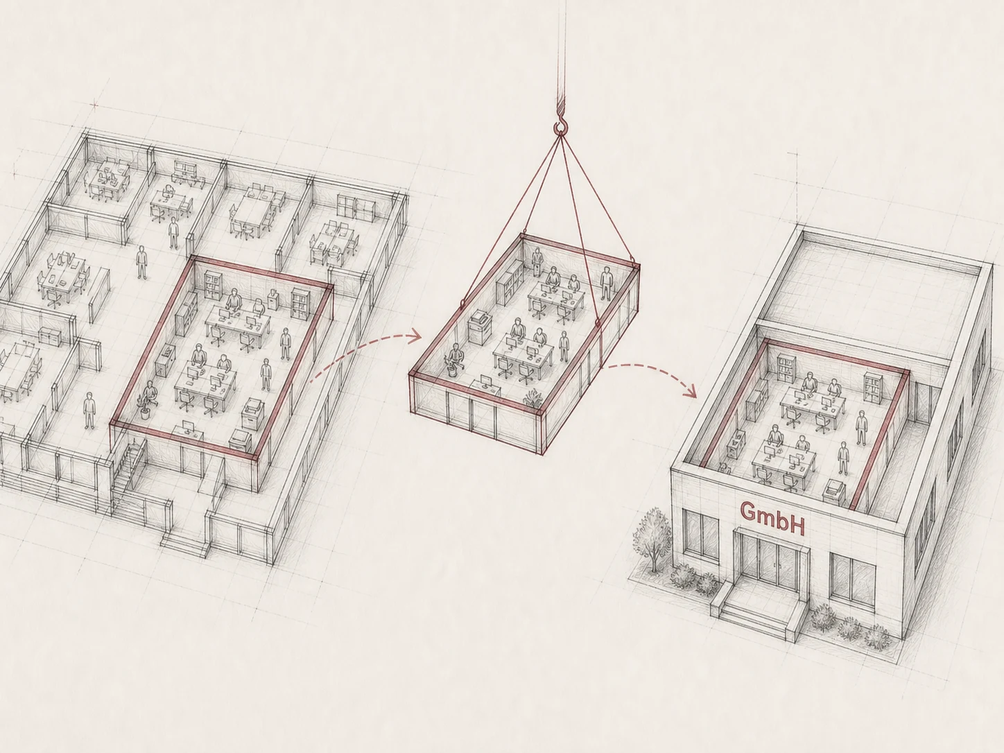 Handgezeichnete Architekturillustration einer Ausgliederung als zusammenhängender Unternehmensteil in eine GmbH