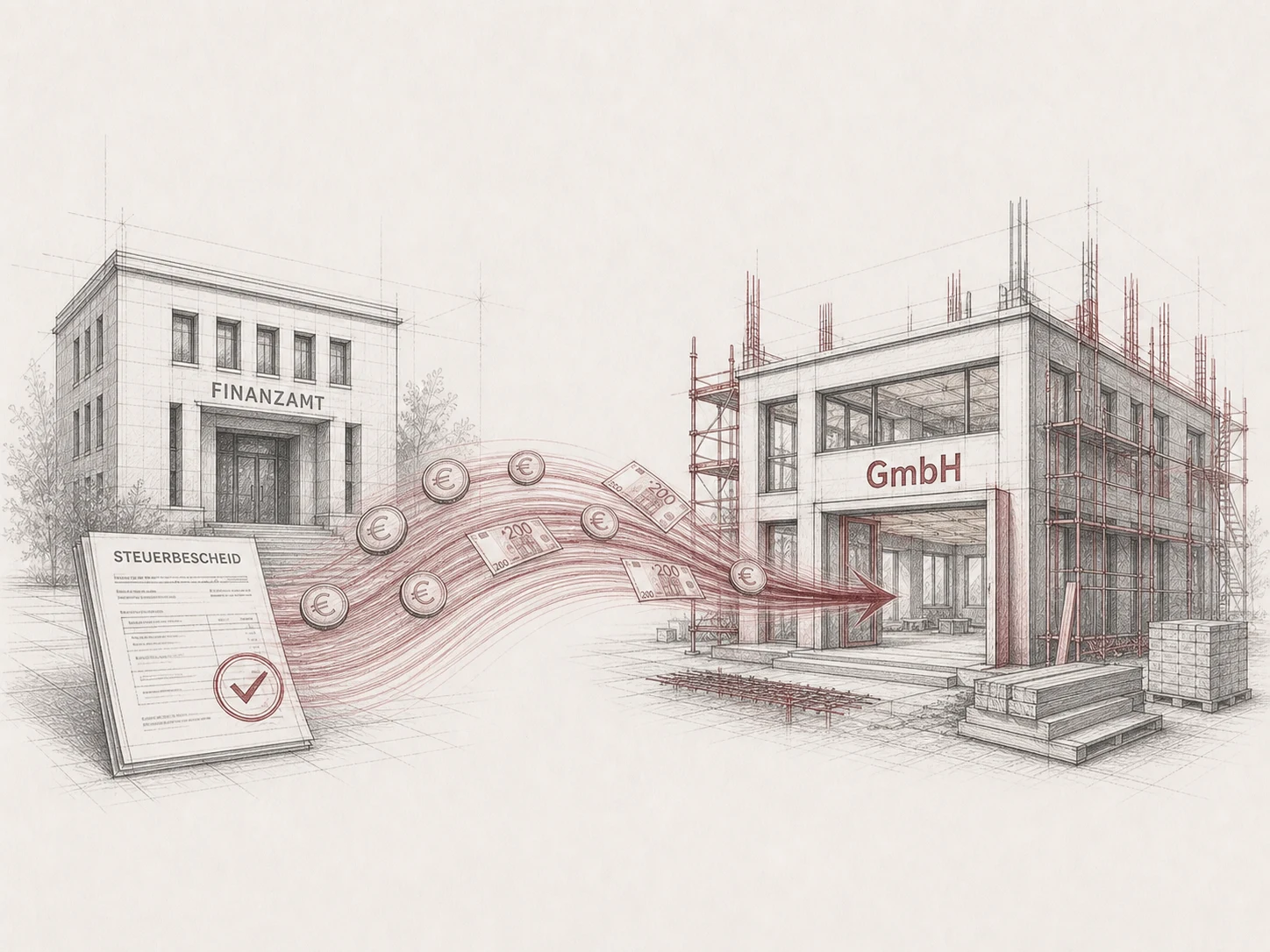 Handgezeichnete Architekturillustration einer geprüften Steuererstattung, deren Liquidität vom Finanzamt in den Aufbau einer GmbH fließt