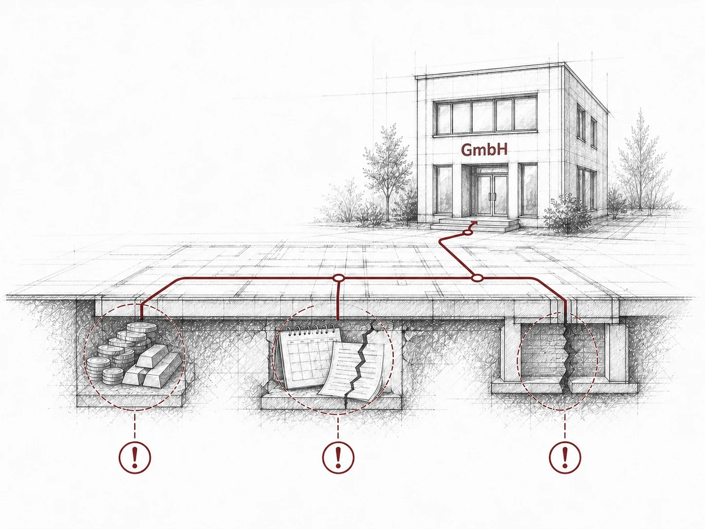 Helle Architekturzeichnung einer GmbH, deren Fundament durch ungeprüfte Werte, Fristen und eine fehlende Zielstruktur gefährdet wird